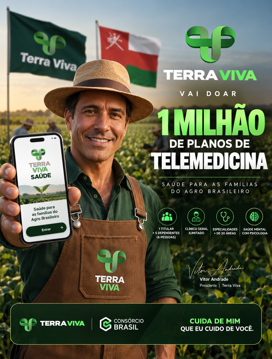 Arte institucional do Programa Terra Viva sobre a meta de um milhão de planos de telemedicina