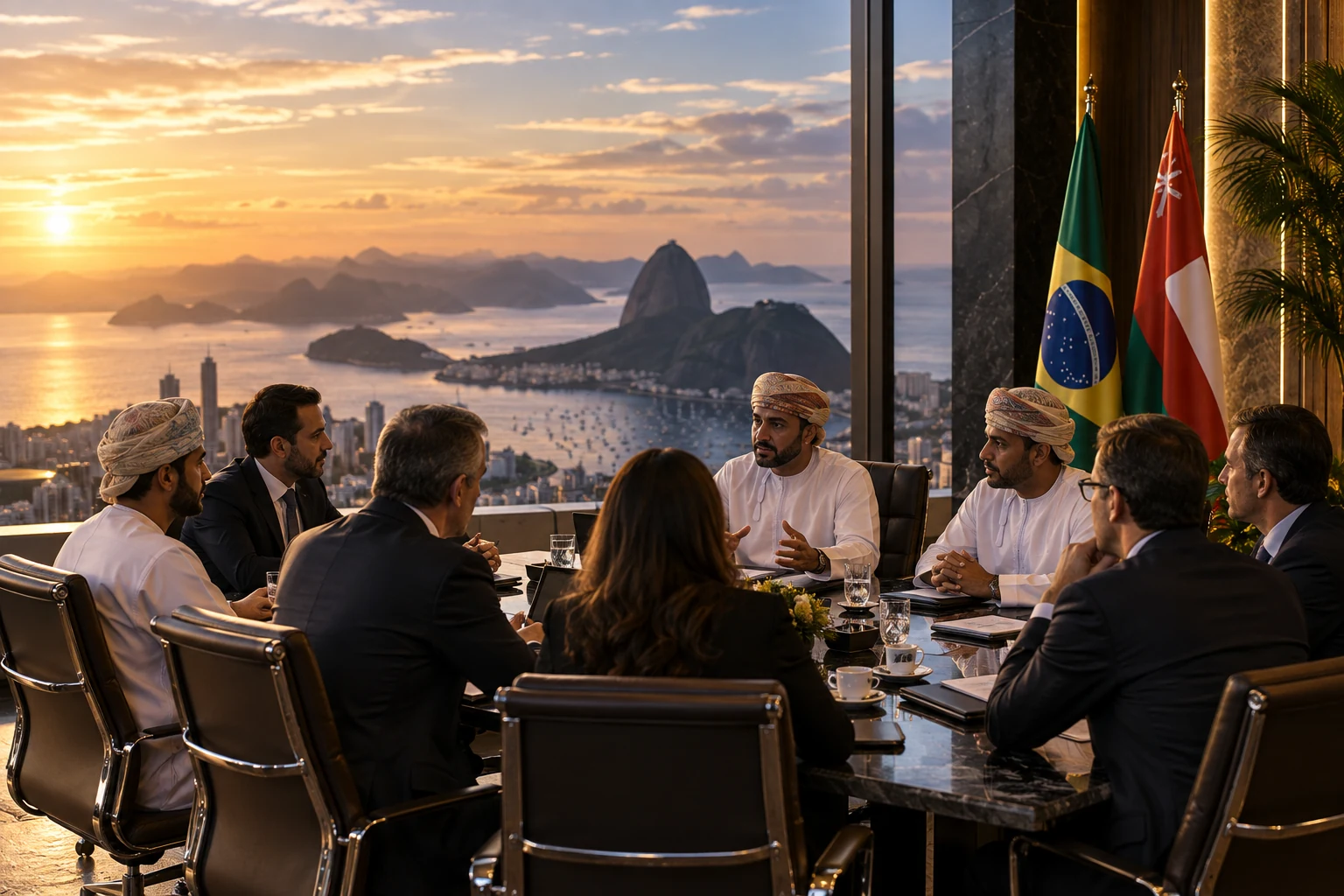 Encontro empresarial Brasil–Omã ao pôr do sol no Rio de Janeiro